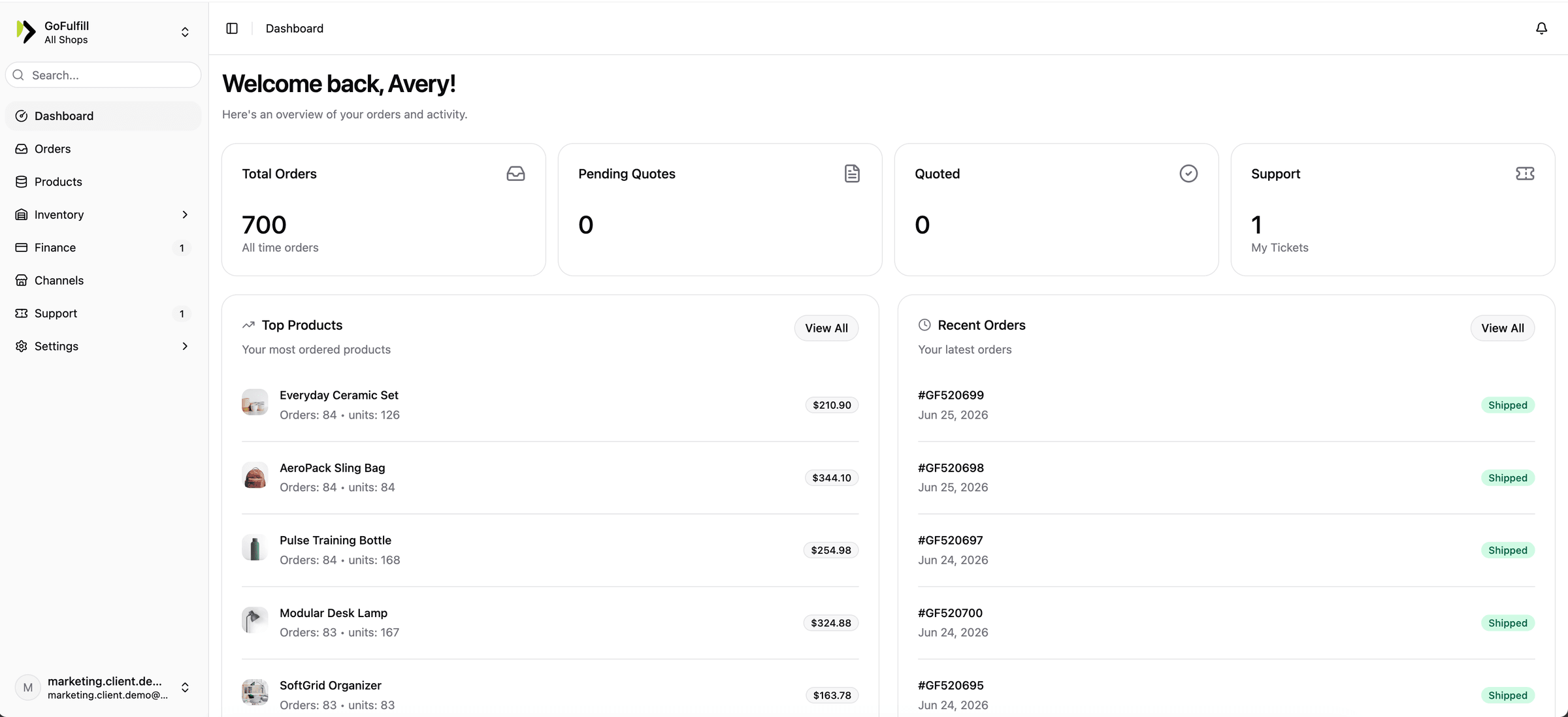 GoFulfill customer dashboard showing orders, top products, inventory, finance, channels, and support navigation.
